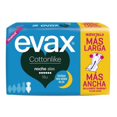COMPRESAS HIGIENICAS FEMENINAS EVAX COTTONLIKE NOCHE CON ALAS 18 COMPRESAS